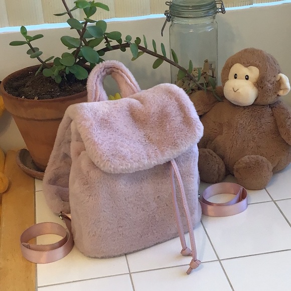 Handbags - Mauve Faux Fur Drawstring Backpack/Purse (#5)